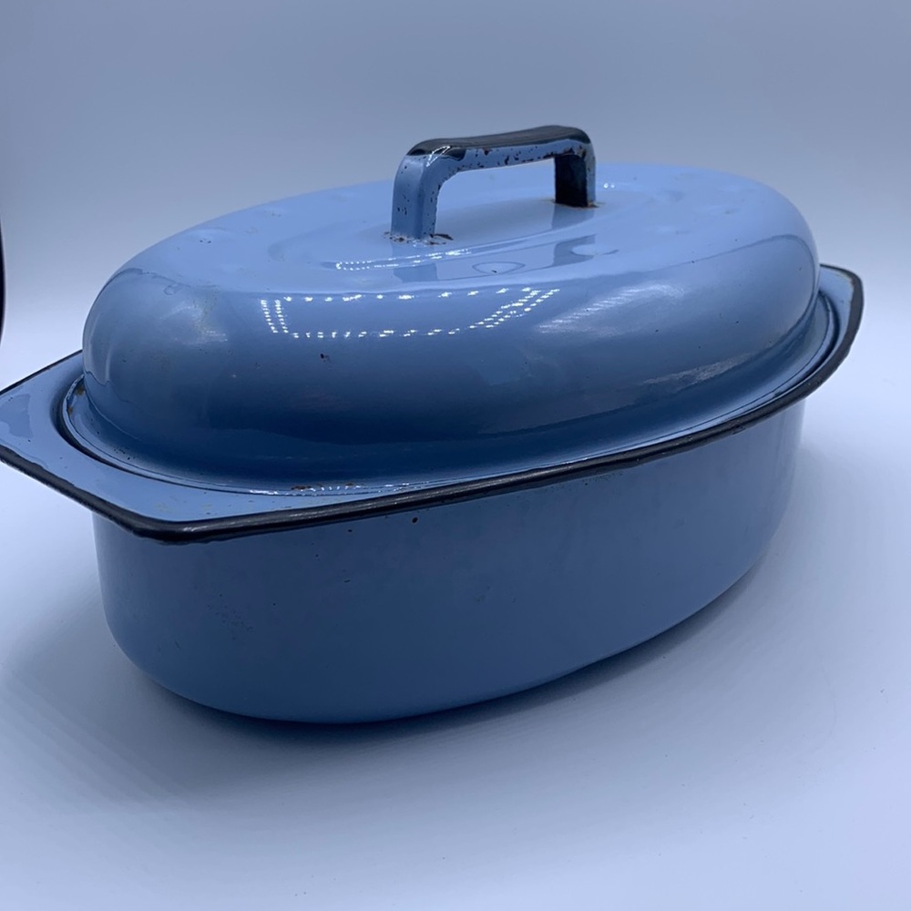 Vintage Black & Robin Egg Blue Small Enamel Roasting Pan with Lid